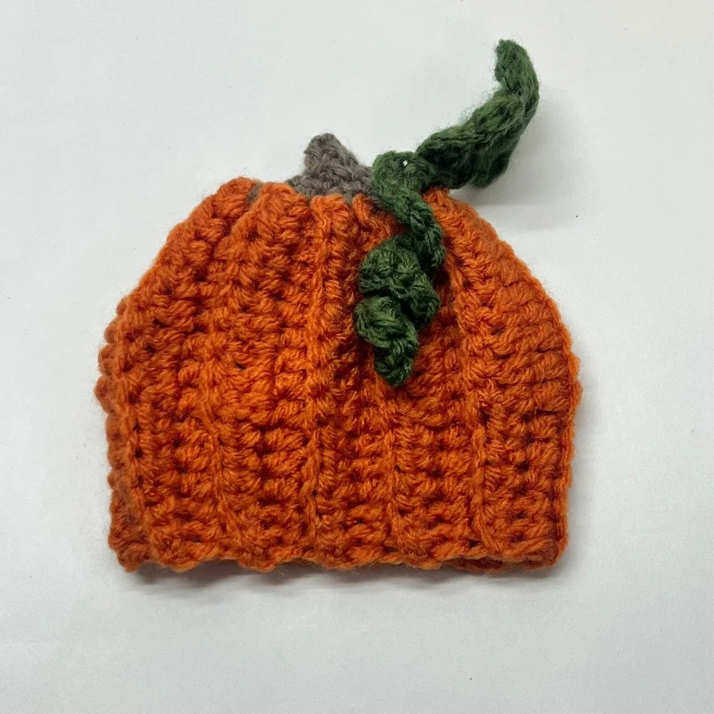 Handmade Crochet Pumpkin Hat Orange Knit‎ Beanie Fall Halloween Photo Prop Small